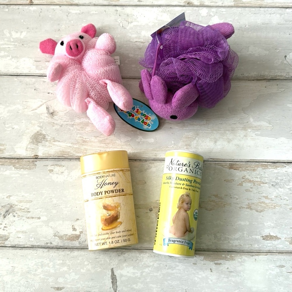 Nature’s Baby Girl Bath Bundle Loofah Set Pink Purple Honey Body Powder Organic